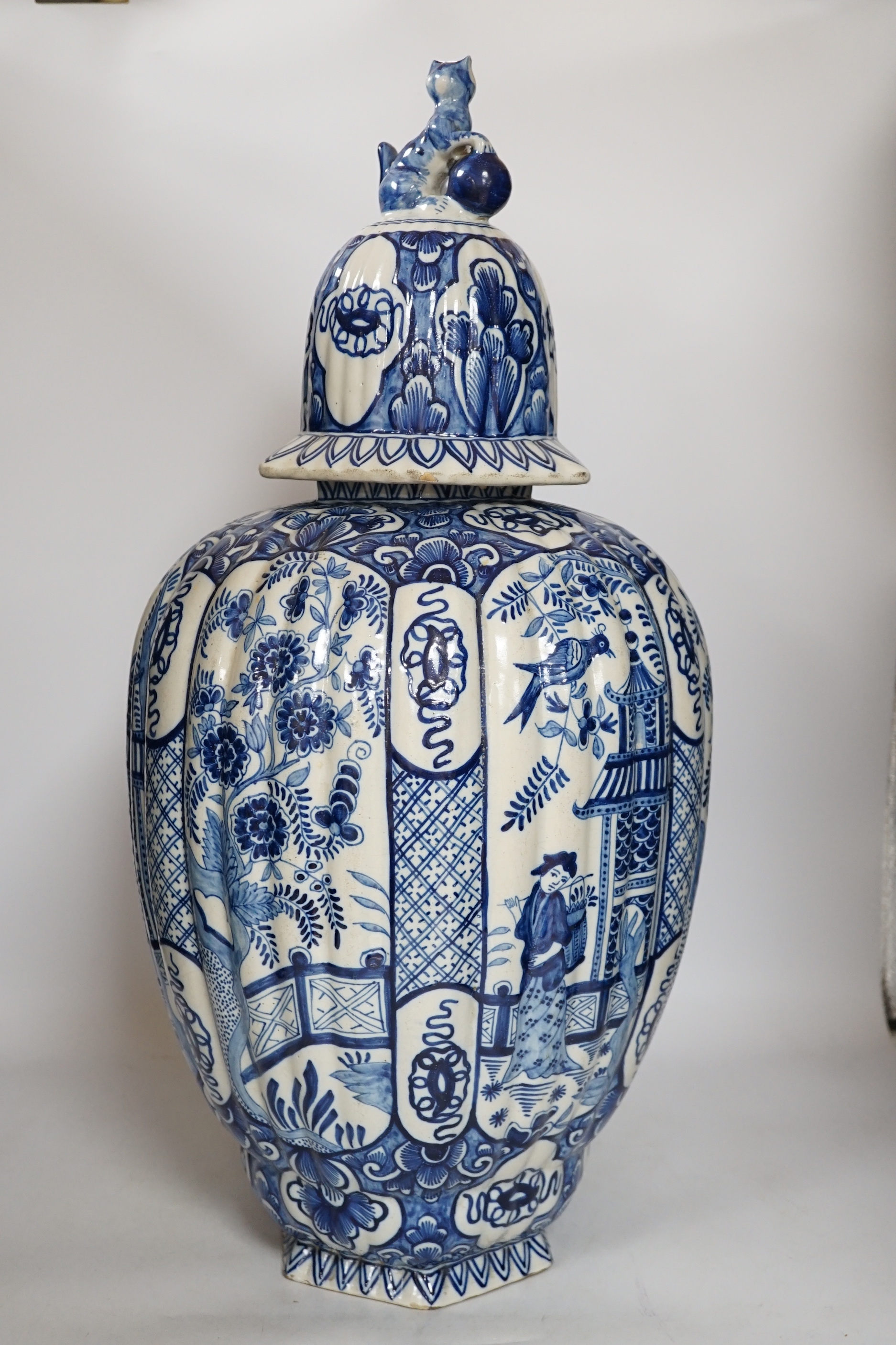 A Delft blue and white jar and cover, in the Chinese style possibly 19th century, marked BP to base, 59cm